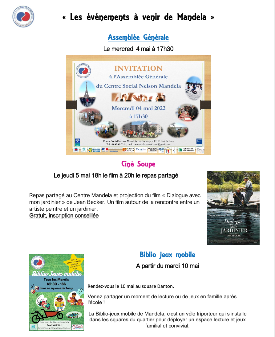 Programme de Mai Juin Centre Social Mandela