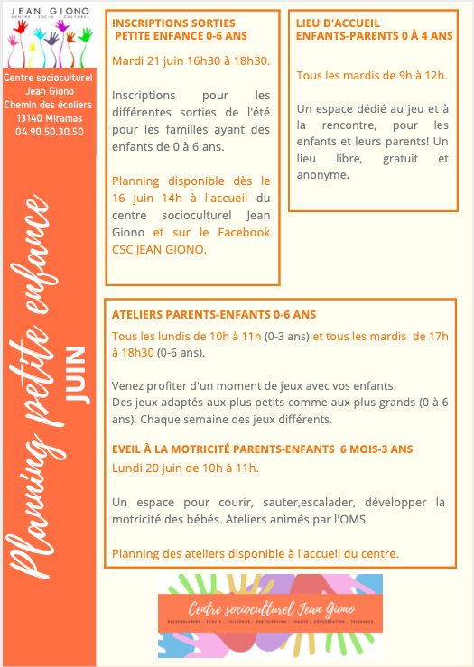 Planning de juin au centre social Jean Giono