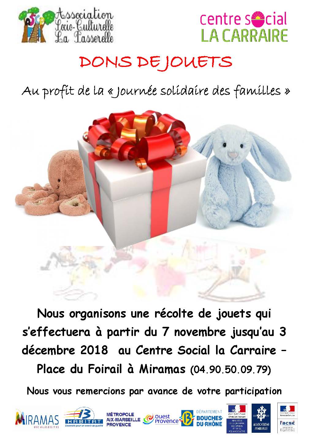 Récolte de jouets pour la "Journée solidaire des familles " du 7 nov. au 3 déc. Centre social La Carraire - Miramas