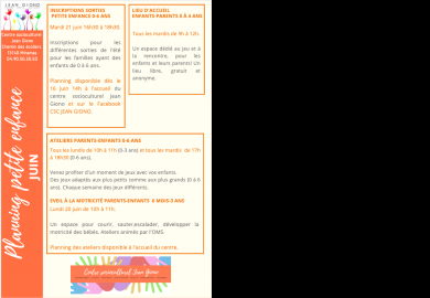 Planning de juin au centre social Jean Giono