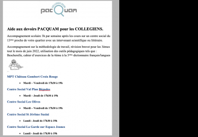 Aide aux devoirs PACQUAM pour les COLLEGIENS